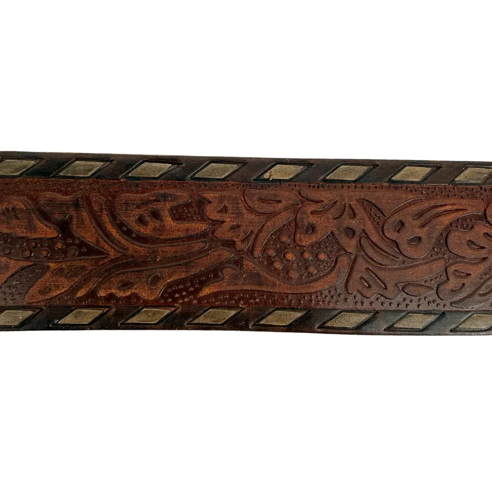 Ariat Brown Tooled Leather Peace Sign Rhinestone Buckle Belt women size 28